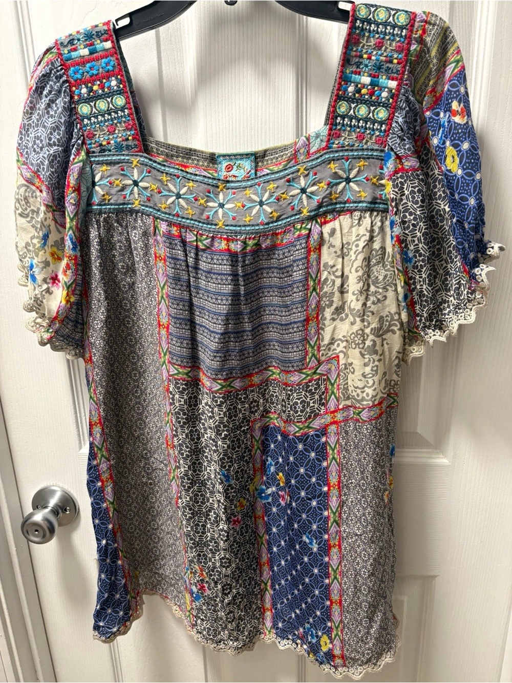 Johnny Was Multicolor Patchwork Square Neck Tunic Blouse Embroidered